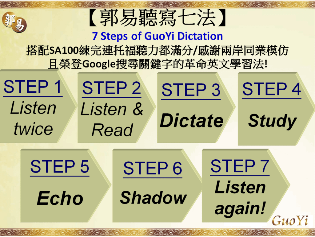 [全球首創]【郭易聽寫七法網路課程】GuoYi's Seven Dictation Steps 想托福滿分跟超越新聞英文CNN人生必練! PTT托福論壇M文表極重要 跟兩岸同業採用的革命性語言整合學習法@為回覆眾多網友要求, 隆重推出－郭易英文企管科學院GuoYi BA English Akademia｜痞客邦