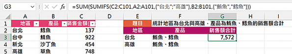 5209Excel函數應用-統計二個地區多種產品銷售額合計