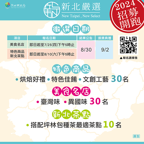 「2024新北嚴選」熱烈徵件中，歡迎市民朋友及還沒報名的業者把握機會踴躍報名。