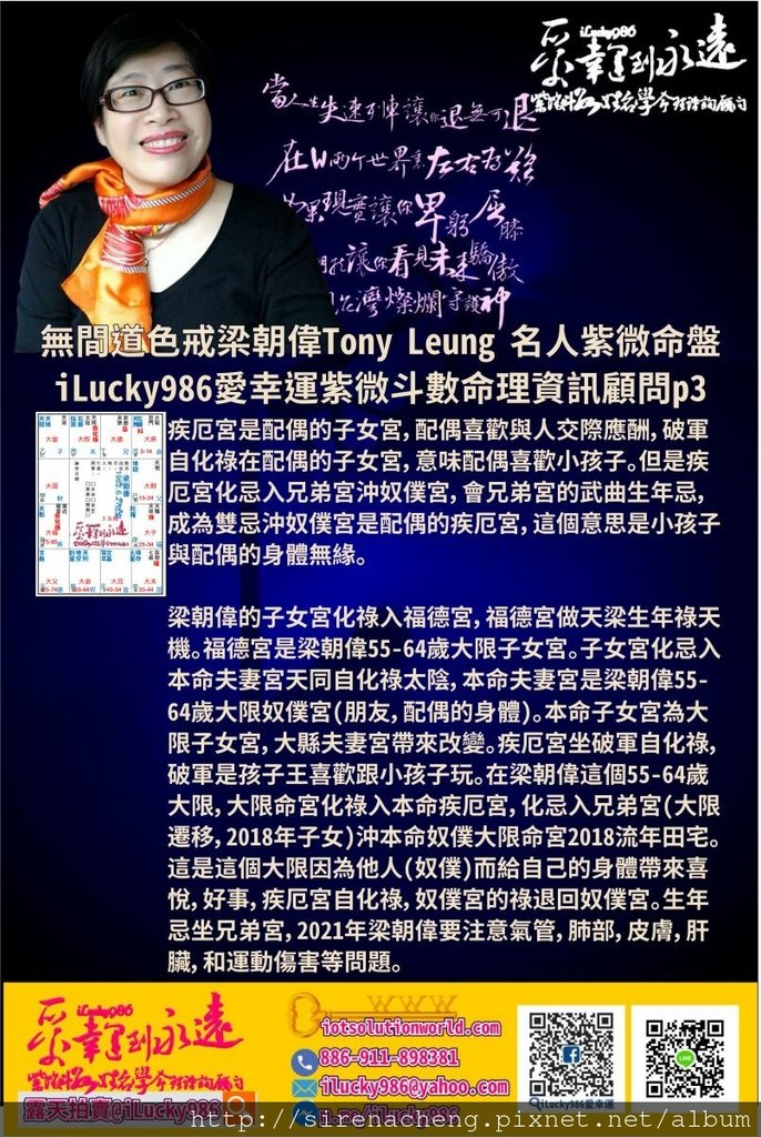 805聽風者無間道色戒梁朝偉Tony Leung 名人紫微斗數命盤iLucky986愛幸運紫微斗數命理資訊顧問p3,夫妻宮天同自化祿太陰，疾厄宮破軍自化祿廉貞，就配偶而言，天同自化祿，天同是福星，天同自化祿喜享福，有福可享，多情善感。配偶孝順顧家，感情纖細，注重細節，注重完美，喜歡打扮，會為了顧全大局忍耐。 疾厄宮是配偶的子女宮，配偶喜歡與人交際應酬，破軍自化祿在配偶的子女宮，意味配偶喜歡小孩子。但是疾厄宮化忌入兄弟宮沖奴僕宮，會兄弟宮的武曲生年忌，成為雙忌沖奴僕宮是配偶的疾厄宮，這個意思是小孩子與配偶的身體無緣。 梁朝偉的子女宮坐天府，對宮是紫薇七殺。以子女宮是梁朝偉的交際手腕，性急，多才多藝，追求地位掌握支援，喜歡賺錢，喜歡享受，重視大事，忽略細節。對利益至上效率至上的天府來說，在看待人和事情的時候，這會是這一個人或這件事對我有什麼價值? 我還有什麼其他替代方案? 梁朝偉的子女宮化祿入福德宮，福德宮做天梁生年祿天機。福德宮是梁朝偉55-64歲大限子女宮。子女宮化忌入本命夫妻宮天同自化祿太陰，本命夫妻宮是梁朝偉55-64歲大限奴僕宮(朋友，配偶的身體)。本命子女宮為大限子女宮，大限夫妻宮帶來改變。疾厄宮坐破軍自化祿，破軍是孩子王喜歡跟小孩子玩。在梁朝偉這個55-64歲大限，大限命宮化祿入本命疾厄宮，化忌入兄弟宮(大限遷移，2018年子女)沖本命奴僕大限命宮2018流年田宅。這是這個大限因為他人(奴僕)而給自己的身體帶來喜悅，好事，疾厄宮自化祿，奴僕宮的祿退回奴僕宮。生年忌坐兄弟宮，2021年梁朝偉要注意氣管，肺部，皮膚，肝臟，和運動傷害等問題。