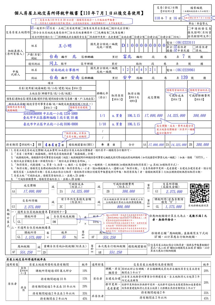 個人房屋土地交易所得稅申報書填寫範例