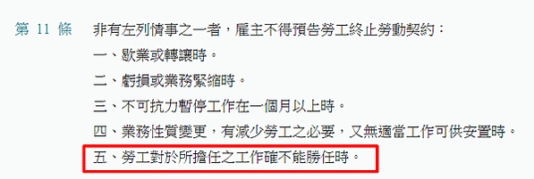 勞基法第二章第十一條第五款是什麼，我幫你直接查好囉，是「勞工對於所擔任之工作不能勝任時」