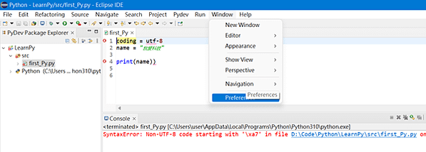 Python Eclipse 初學 入門 教學 字串 處理 結合 分割 截取 插入  字元 長度 split join len 編碼  ASCII UTF-8 設定 SyntaxError: Non-UTF-8 code