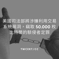 美國司法部將涉嫌利用交易系統漏洞，竊取 50,000 枚比特幣的駭侵者定罪