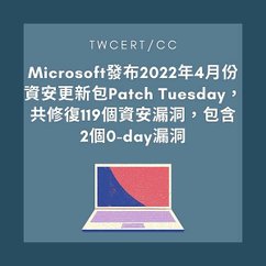 Microsoft 發布 2022 年 4 月份資安更新包 Patch Tuesday，共修復 119 個資安漏洞，包含 2 個 0-day 漏洞