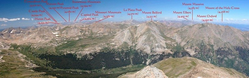 Looking northwest at mountains from Mount Harvard&apos;s summit