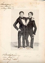 Chang_and_Eng_the_Siamese_twins,_one_holding_a_book._Lithograph_Wellcome_V0007364