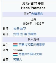 漢斯·普特曼斯Hans Putmans1656年）荷蘭人，台