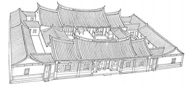 板橋林本源五落大厝/一個院子四面建有房屋，通常由正房、東西廂