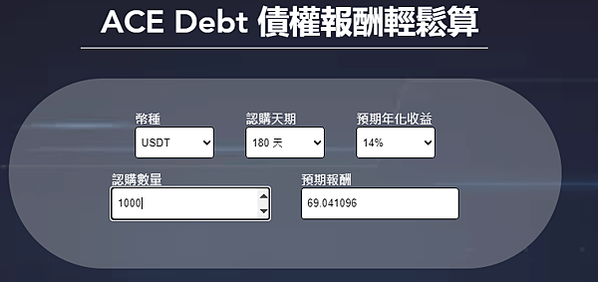 ACE 王牌交易所 ACE Debt 債權認購平台 債權第 10 期 USDT 180天 (14%)