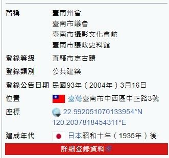 原臺南州會牛眼窗及貓道、棟札、圓柱位於臺南市中西區，為193