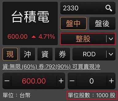 台股整股交易介面，交易股數為1000股