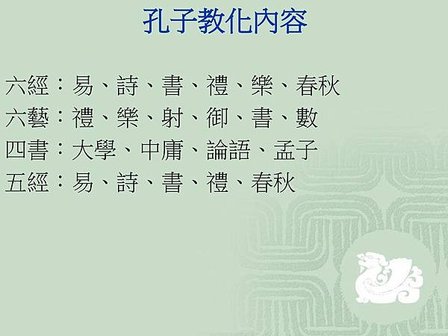 孔子教化內容+六經：易、詩、書、禮、樂、春秋+六藝：禮、樂、射、御、書、數+四書：大學、中庸、論語、孟子+五經：易、詩、書、禮、春秋.jpg