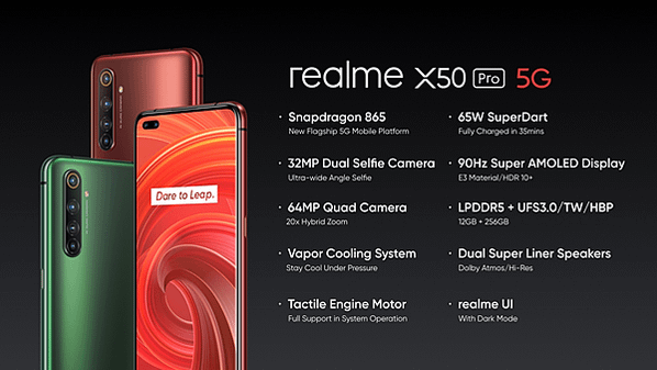 realme X50 Pro搭載Snapdragon 865、6400萬鷹眼變焦四鏡頭、3200萬超廣角雙前鏡頭、90Hz Super AMOLED以及65W SuperDart超級閃充。