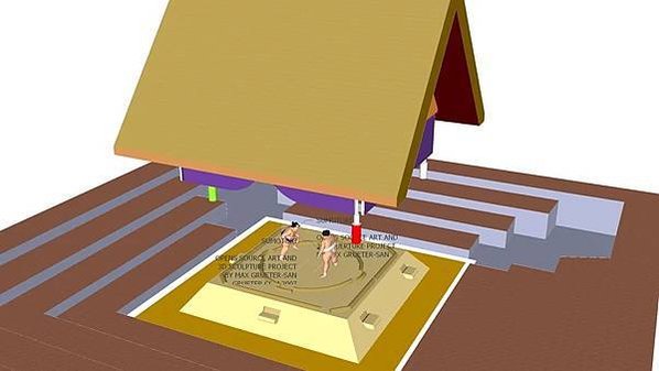 土俵是日本相撲比賽時的圓形黏土擂台-土俵上方有一個類似神社屋