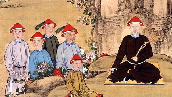 1722 年「雍正帝牡丹台觀花行樂圖」，描繪雍正帝在侍者簇擁