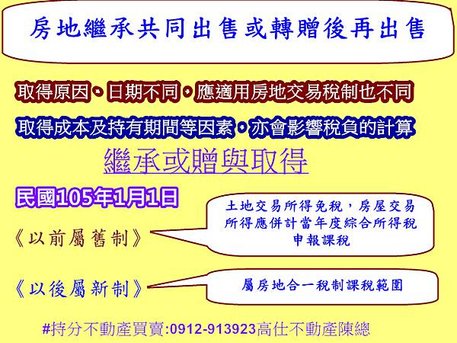 房地繼承共同出售或轉贈後再出售