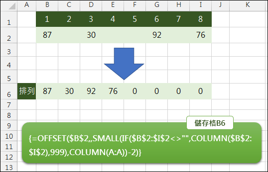 Excel-取出清單中非空白儲存格內容重新排列(SMALL,IFERROR)(依原順序)