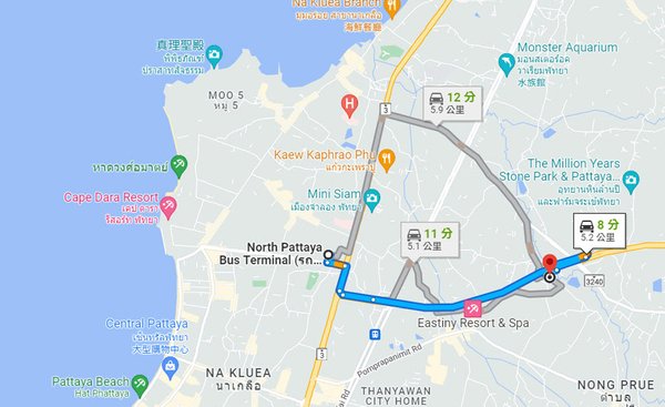 North bus station to The Gems Mining Pool Villas Pattaya MAP.jpg