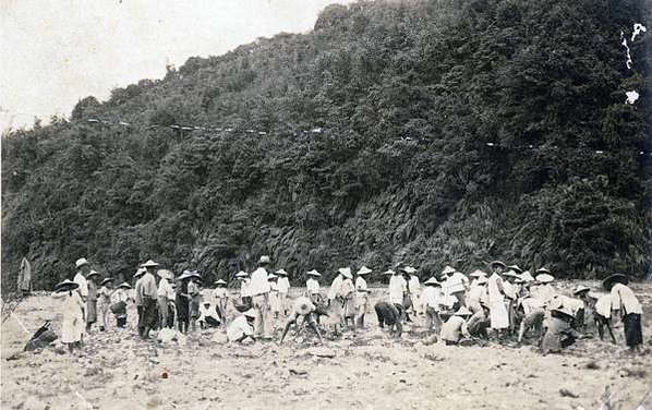 圖為當年表南投道路桃米坑段雇用人夫開鑿道路施工的舊影。_圖_黃顯章、埔里影像故事館提供