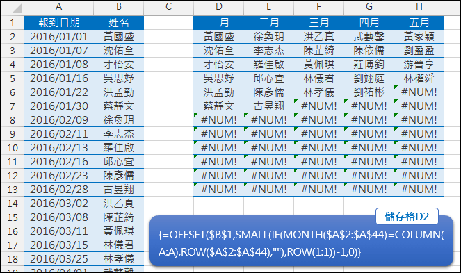 Excel-在日期清單中依月份列出名冊(OFFSET,SMALL,ROW,MONTH,陣列公式)