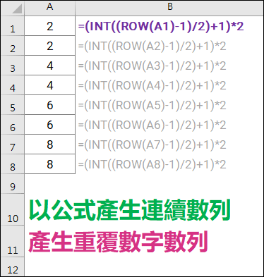 Excel-產生各種連續數列(ROW,INT)