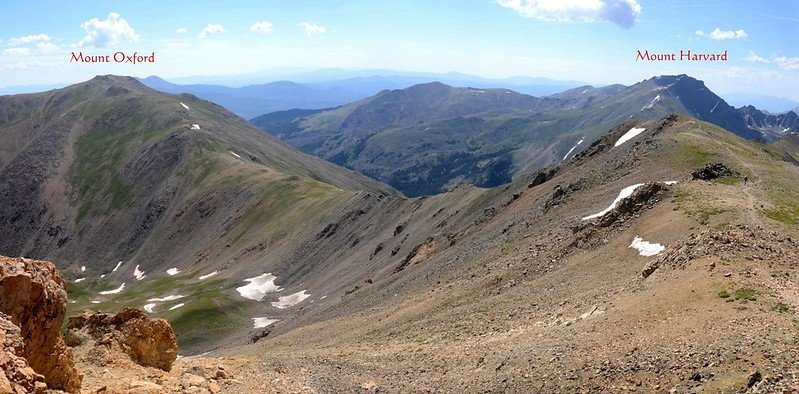 Looking southeast at the Oxford~Belford ridge from Mount Belford&apos;s summit