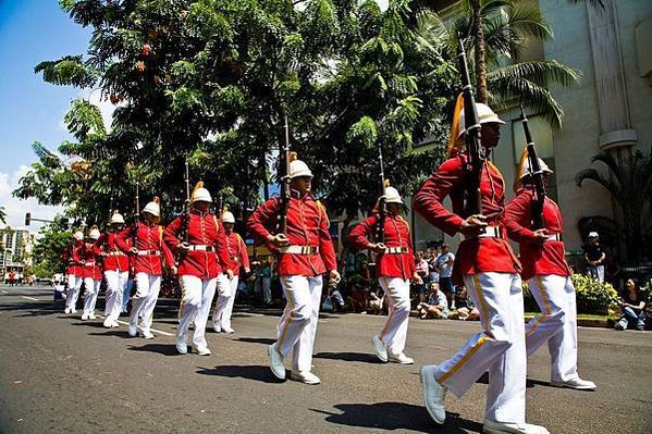 HTA_00675-Royal Guards marching down Kalakaua Avenue in the 2008 Aloha Festivals parade