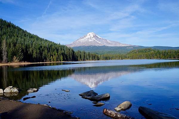 Mt. Hood火山的湖中倒影Trillium Lake和M