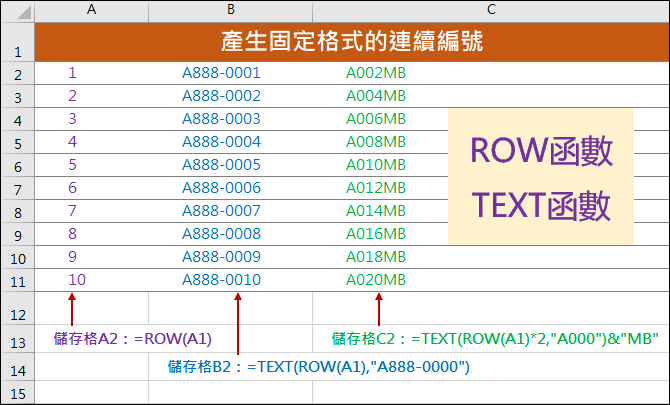 Excel-自動產生固定格式的連續編號(ROW,TEXT)