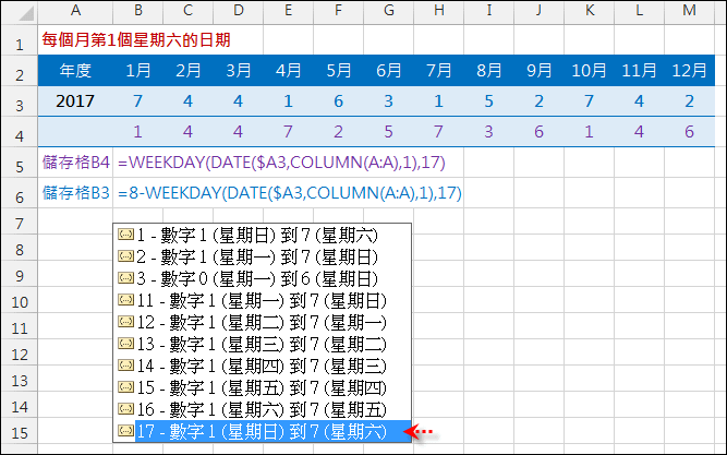 Excel-找出一年中每個月的第一個星期六(WEEKDAY,DATE)