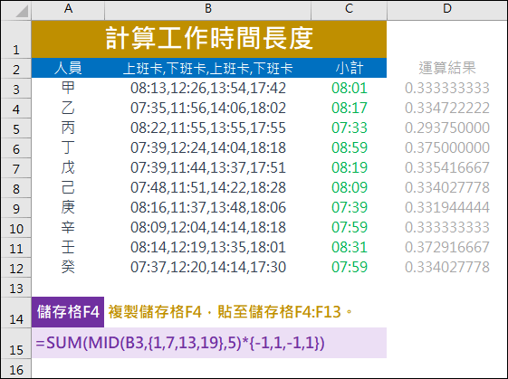 Excel-根據上下班打卡資料計算工作時間長度