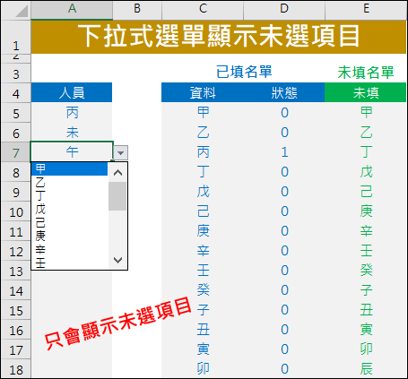 Excel-下拉式選單顯示未選項目