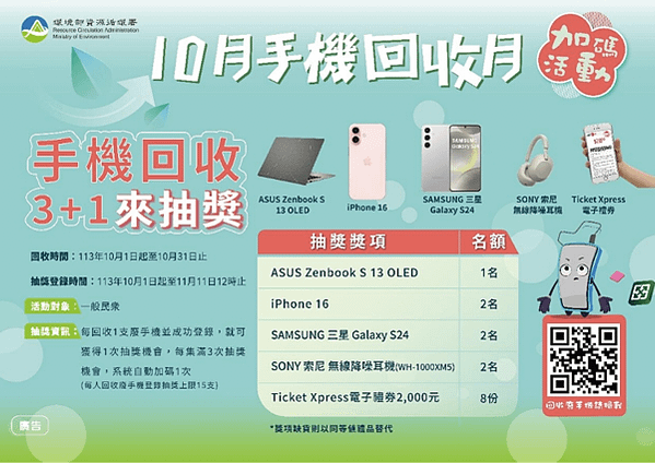 【政府免費抽獎】環境部資源循環署「10月手機回收月」，抽知名品牌筆電、手機、耳機等好禮！
