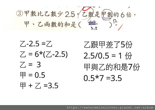 乙-2.5 =乙 乙 = 6(乙-2.5) 乙 = 3 甲 = 0.5 甲 + 乙 =3.5