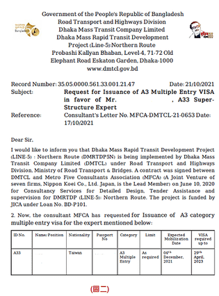 關於孟加拉政府單位工作簽證(A3)所需申請資料(2024/0