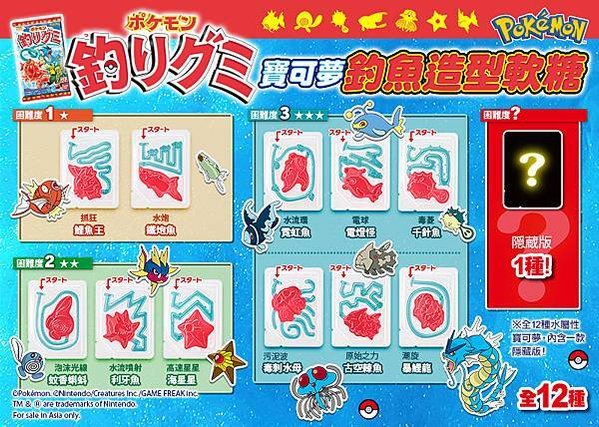 圖3. 「寶可夢釣魚造型軟糖」含一隱藏版共有12款水系寶可夢，分成3種挑戰難易度。