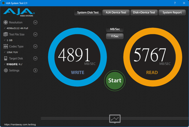 美光Micron Crucial P310 PCle Gen4 NVMe M.2 SSD AJA System Test最大讀取與寫入速度