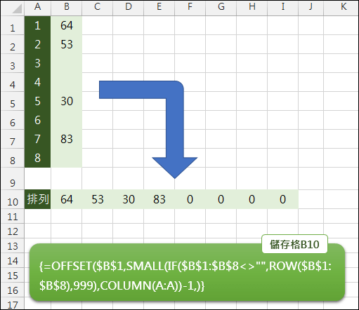 Excel-取出清單中非空白儲存格內容重新排列(SMALL,IFERROR)(依原順序)