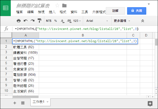 Google試算表-抓取網頁資料(IMPORTHTML)