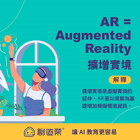 AR = Augmented Reality    擴增實境 【解釋】擴增實境是虛擬實境的延伸，AR是以現實為基礎增加模擬情境資訊。