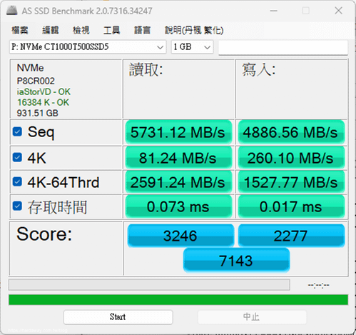 美光Micron Crucial T500 PCle Gen4 NVMe M.2 SSD AS SSD循序讀寫速度