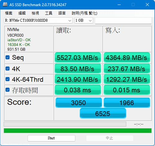 美光Micron Crucial P310 PCle Gen4 NVMe M.2 SSD AS SSD循序讀寫速度