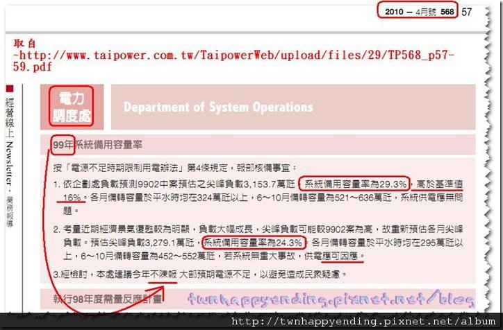 2010年4月:系統備用容量率為29.3%，高於基準值