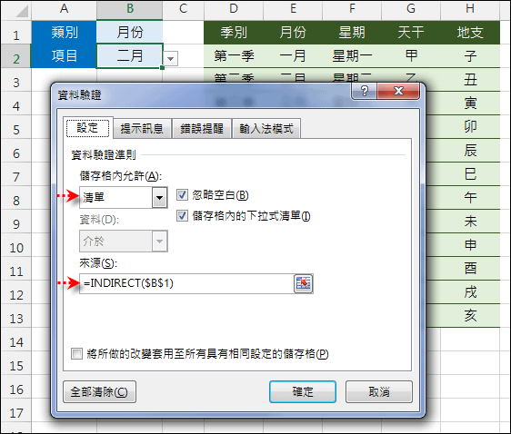 Excel-製作二層的下拉式清單來輸入資料(INDIRECT,資料驗證)