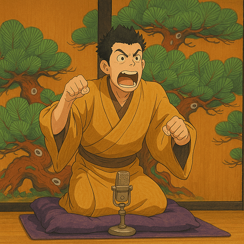 落語表演者與松樹屏風