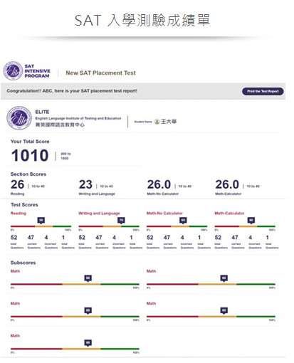 SAT入學測驗成績單 -菁英sat補習班