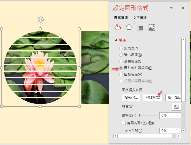 PowerPoint-將相片置入圓形分割的圖案