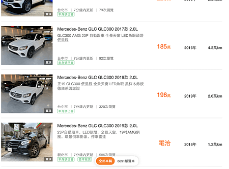 2017-2019年 原廠賓士GLC300車源表，與美國同步