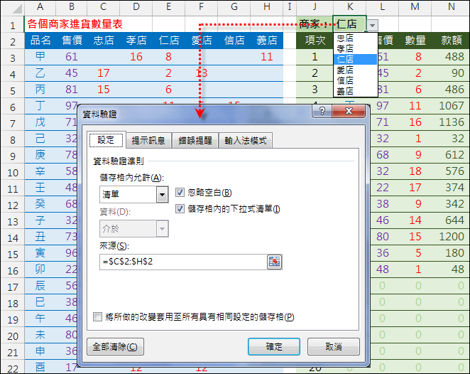 Excel-由清單挑選列出多組資料中的其中一組(OFFSET,INDIRECT,陣列公式)